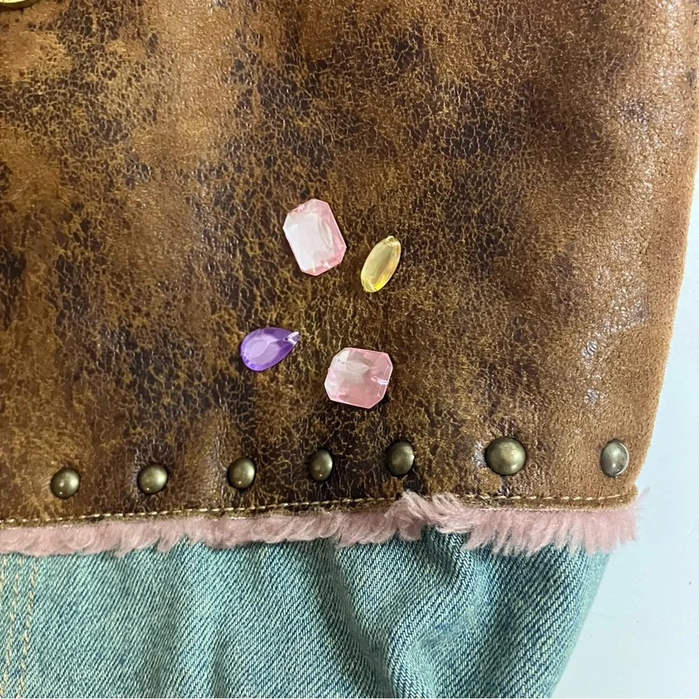 Vintage Y2k Guess Patchwork Reversible Tote Boho Fairycore Grunge Brass G Logo